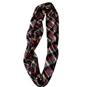 Navy, Red & Beige 100% Polyester Plaid Infinity Double Stretchy Scarf 7.5”X60”